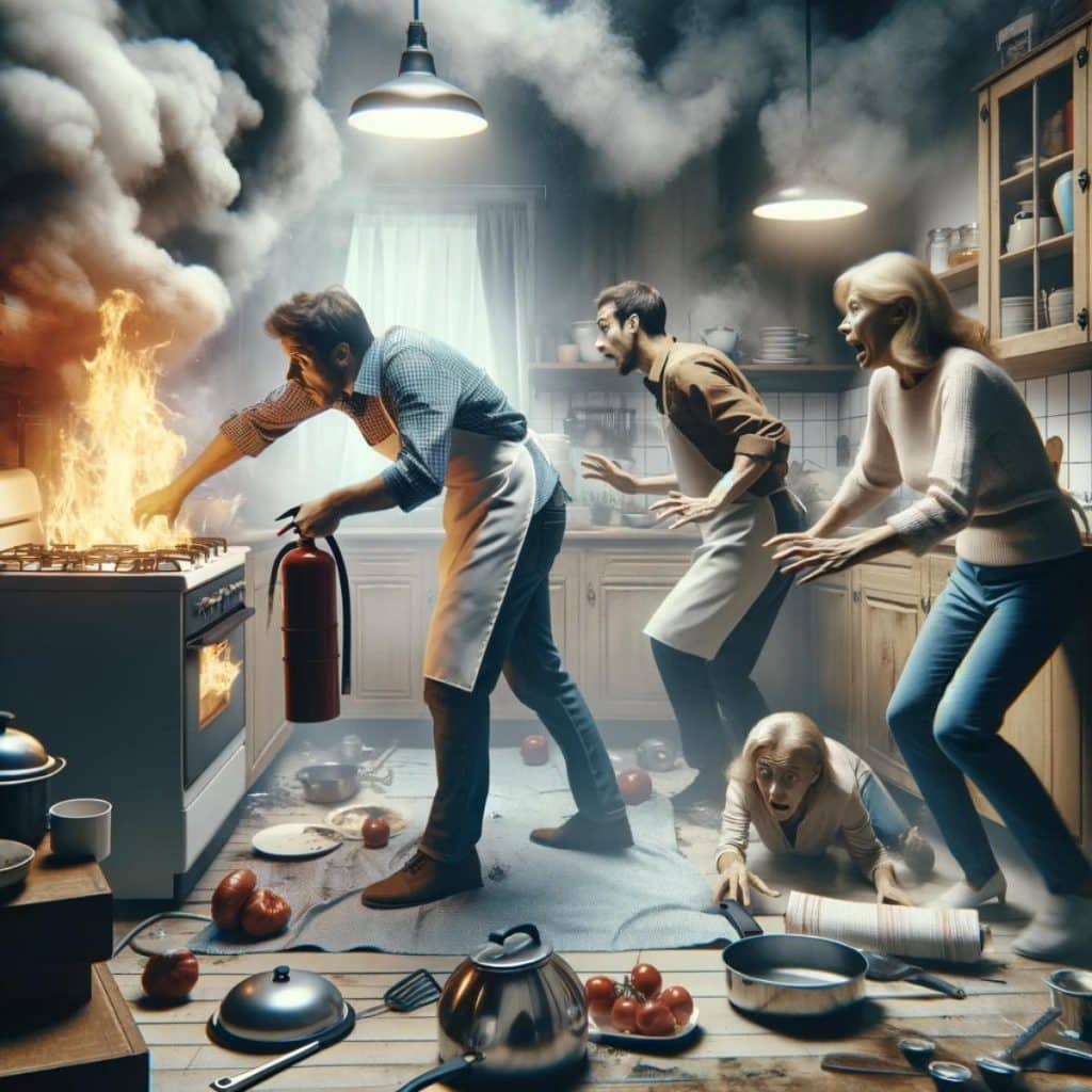 A chaotic kitchen scene depicting a small fire on the stove. A family is trying to extinguish the fire. They are using a fire blanket